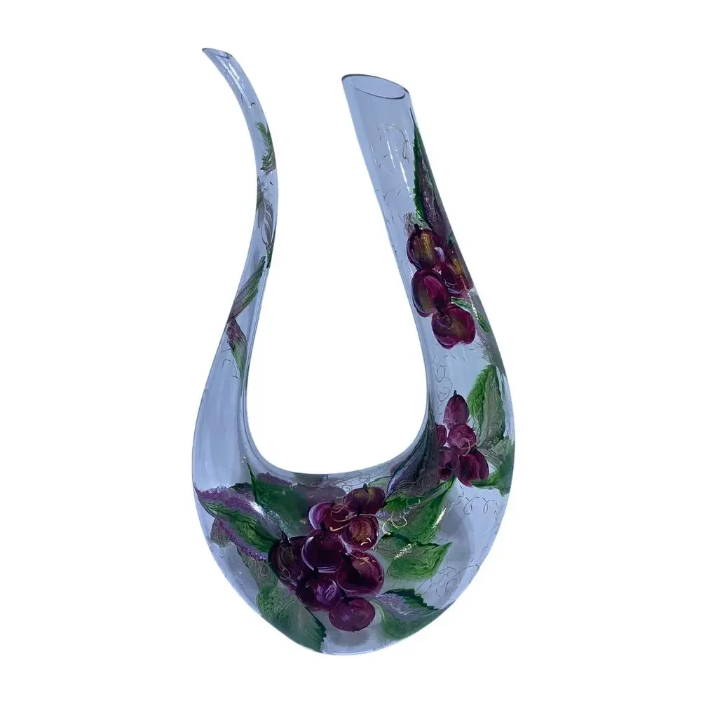 Hand Painted Floral Wine Decanter by NEX Glass Artist Signed 13 Inch Tall